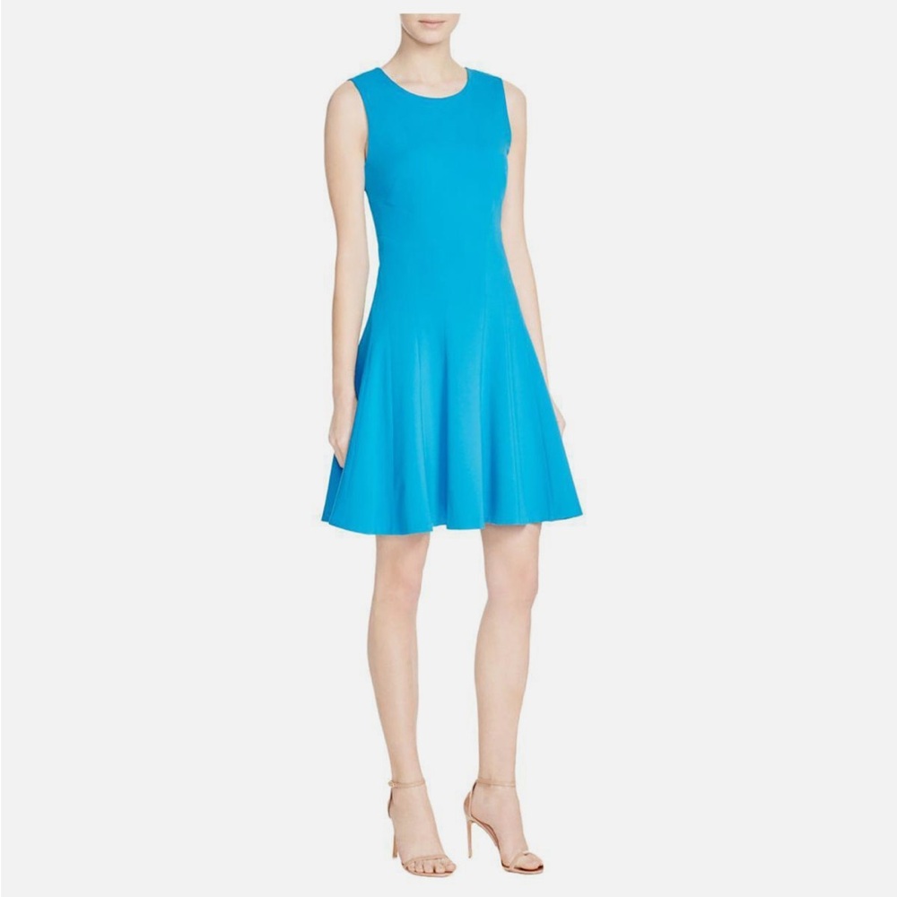 Diane Von Furstenburg teal colored sleeveless fit and flare dress